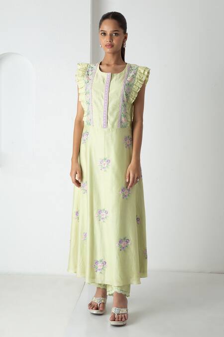 Chhaya Mehrotra Green Chanderi, Silk Organza Embroidery, Lace Round Neck Tea Kurta Pant Set Online at Aza Fashions Chhaya Mehrotra_Green Chanderi, Silk Organza Embroidery, Lace Round Neck Tea Kurta Pant Set _Online_at_Aza_Fashions