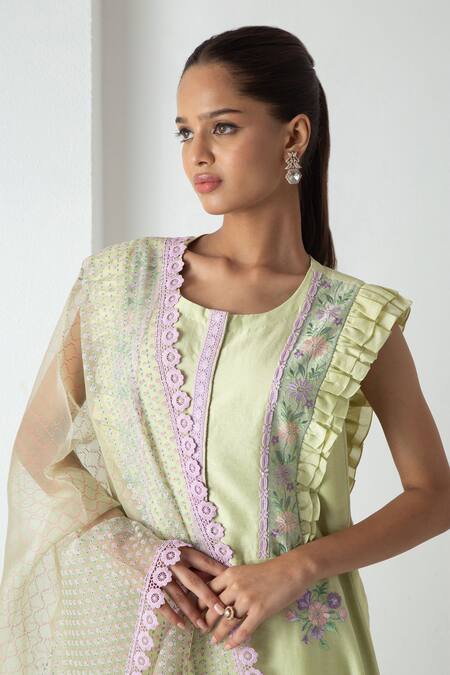 Buy Chhaya Mehrotra Green Chanderi, Silk Organza Embroidery, Lace Round Neck Tea Kurta Pant Set Online at Aza Fashions Buy_Chhaya Mehrotra_Green Chanderi, Silk Organza Embroidery, Lace Round Neck Tea Kurta Pant Set _Online_at_Aza_Fashions