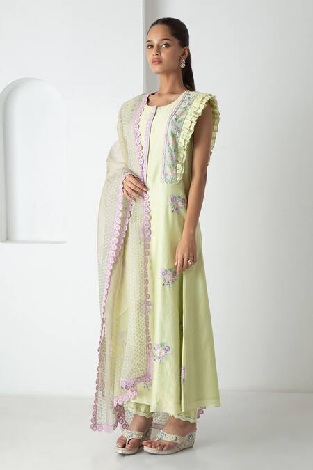 Shop Chhaya Mehrotra Green Chanderi, Silk Organza Embroidery, Lace Round Neck Tea Kurta Pant Set Online at Aza Fashions Shop_Chhaya Mehrotra_Green Chanderi, Silk Organza Embroidery, Lace Round Neck Tea Kurta Pant Set _Online_at_Aza_Fashions