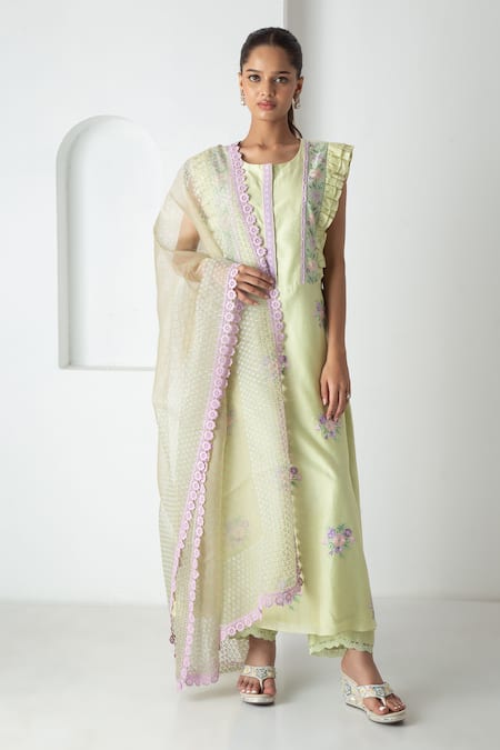 Chhaya Mehrotra Green Chanderi, Silk Organza Embroidery, Lace Round Neck Tea Kurta Pant Set