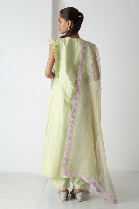 Shop Chhaya Mehrotra Green Chanderi, Silk Organza Embroidery, Lace Round Neck Tea Kurta Pant Set at Aza Fashions Shop_Chhaya Mehrotra_Green Chanderi, Silk Organza Embroidery, Lace Round Neck Tea Kurta Pant Set _at_Aza_Fashions