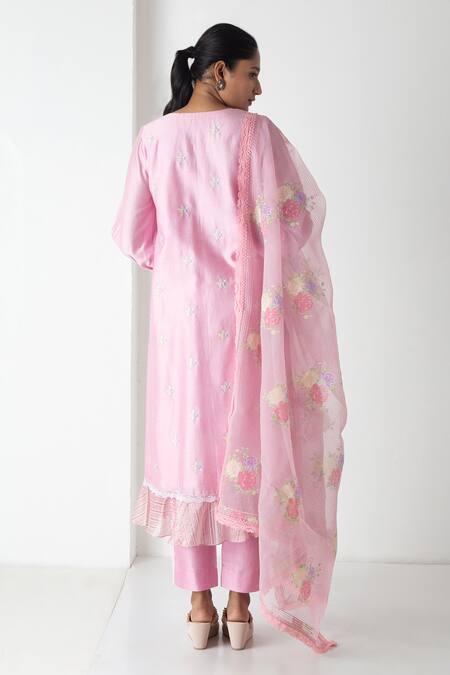 Shop Chhaya Mehrotra Pink Chanderi, Silk Organza Embroidery V-neck Orchid Kurta Set at Aza Fashions Shop_Chhaya Mehrotra_Pink Chanderi, Silk Organza Embroidery V-neck Orchid Kurta Set _at_Aza_Fashions