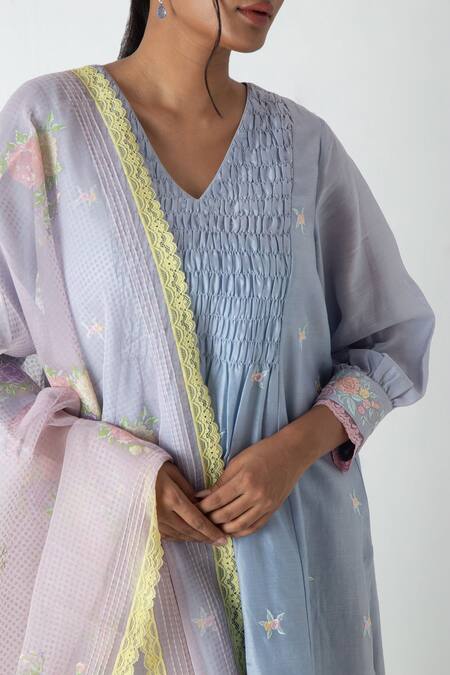 Chhaya Mehrotra Blue Chanderi, Silk Organza Embroidery V-neck Powder Kurta Pant Set Online at Aza Fashions Chhaya Mehrotra_Blue Chanderi, Silk Organza Embroidery V-neck Powder Kurta Pant Set _Online_at_Aza_Fashions