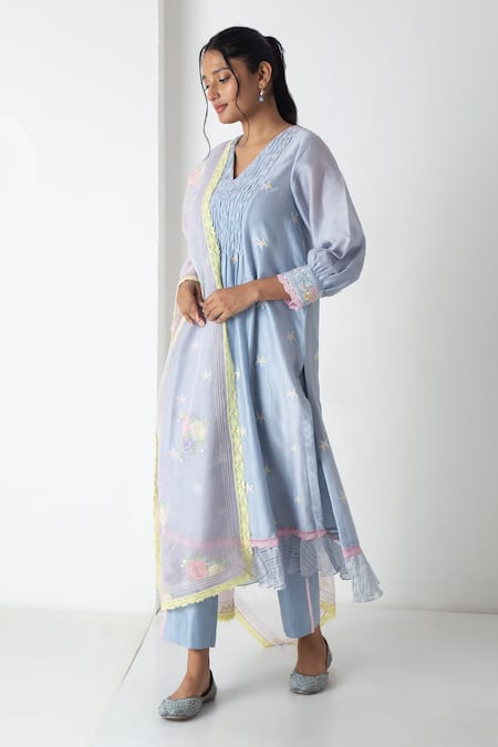 Buy Chhaya Mehrotra Blue Chanderi, Silk Organza Embroidery V-neck Powder Kurta Pant Set Online at Aza Fashions Buy_Chhaya Mehrotra_Blue Chanderi, Silk Organza Embroidery V-neck Powder Kurta Pant Set _Online_at_Aza_Fashions
