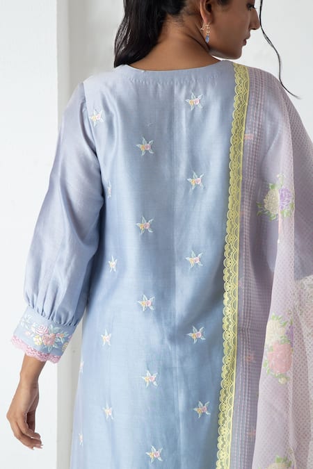 Shop Chhaya Mehrotra Blue Chanderi, Silk Organza Embroidery V-neck Powder Kurta Pant Set Online at Aza Fashions Shop_Chhaya Mehrotra_Blue Chanderi, Silk Organza Embroidery V-neck Powder Kurta Pant Set _Online_at_Aza_Fashions