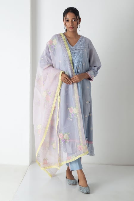 Chhaya Mehrotra Blue Chanderi, Silk Organza Embroidery V-neck Powder Kurta Pant Set 