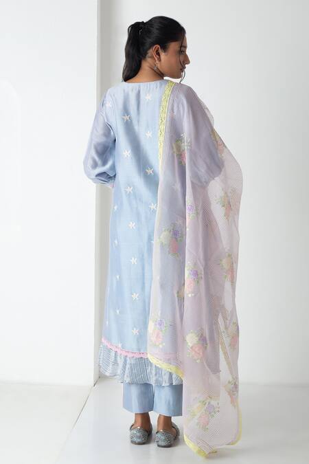 Shop Chhaya Mehrotra Blue Chanderi, Silk Organza Embroidery V-neck Powder Kurta Pant Set at Aza Fashions Shop_Chhaya Mehrotra_Blue Chanderi, Silk Organza Embroidery V-neck Powder Kurta Pant Set _at_Aza_Fashions
