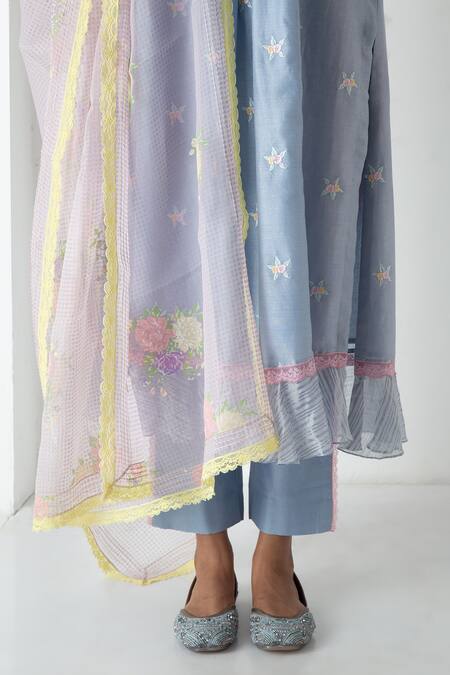 Chhaya Mehrotra Blue Chanderi, Silk Organza Embroidery V-neck Powder Kurta Pant Set at Aza Fashions Chhaya Mehrotra_Blue Chanderi, Silk Organza Embroidery V-neck Powder Kurta Pant Set _at_Aza_Fashions