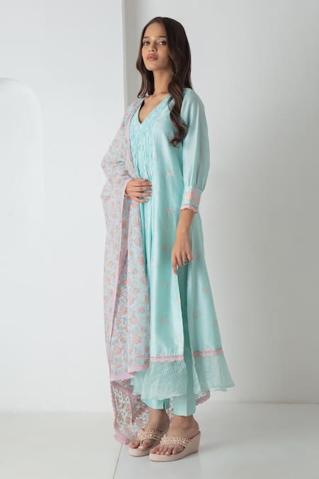 Chhaya Mehrotra Aqua Chanderi, Silk Organza Embroidery V-neck Kurta Pant Set Online at Aza Fashions Chhaya Mehrotra_Aqua Chanderi, Silk Organza Embroidery V-neck Kurta Pant Set _Online_at_Aza_Fashions