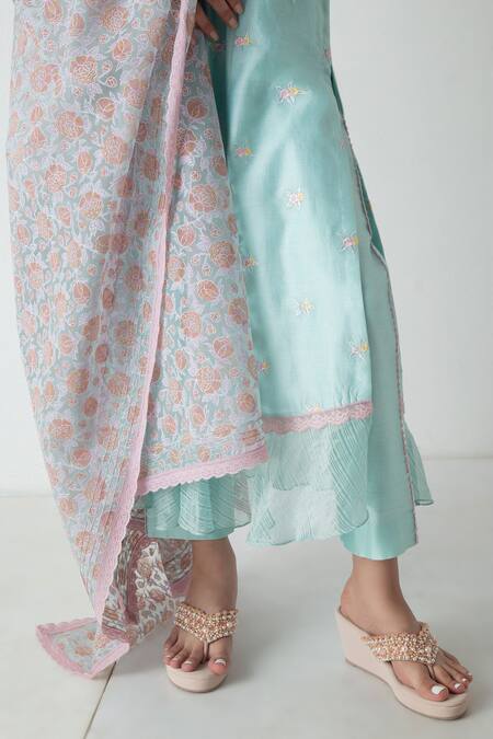 Buy Chhaya Mehrotra Aqua Chanderi, Silk Organza Embroidery V-neck Kurta Pant Set Online at Aza Fashions Buy_Chhaya Mehrotra_Aqua Chanderi, Silk Organza Embroidery V-neck Kurta Pant Set _Online_at_Aza_Fashions
