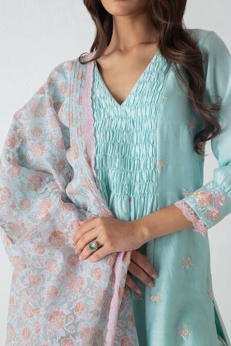 Shop Chhaya Mehrotra Aqua Chanderi, Silk Organza Embroidery V-neck Kurta Pant Set Online at Aza Fashions Shop_Chhaya Mehrotra_Aqua Chanderi, Silk Organza Embroidery V-neck Kurta Pant Set _Online_at_Aza_Fashions