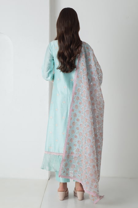Shop Chhaya Mehrotra Aqua Chanderi, Silk Organza Embroidery V-neck Kurta Pant Set at Aza Fashions Shop_Chhaya Mehrotra_Aqua Chanderi, Silk Organza Embroidery V-neck Kurta Pant Set _at_Aza_Fashions