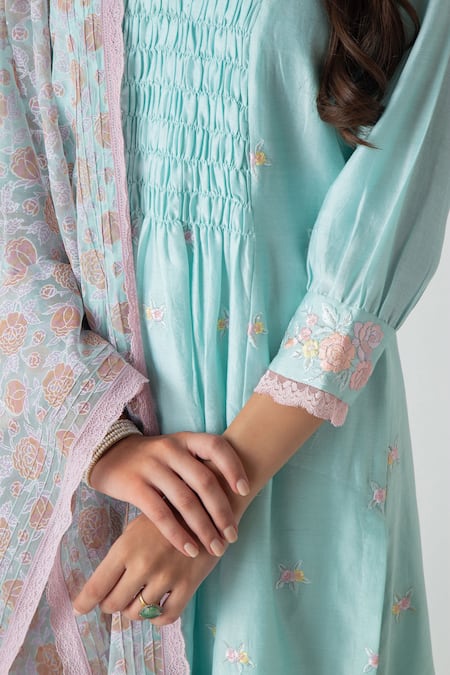 Chhaya Mehrotra Aqua Chanderi, Silk Organza Embroidery V-neck Kurta Pant Set at Aza Fashions Chhaya Mehrotra_Aqua Chanderi, Silk Organza Embroidery V-neck Kurta Pant Set _at_Aza_Fashions