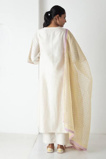 Shop Chhaya Mehrotra Ivory Chanderi, Silk Organza Embroidery Round Neck Kurta Pant Set at Aza Fashions Shop_Chhaya Mehrotra_Ivory Chanderi, Silk Organza Embroidery Round Neck Kurta Pant Set _at_Aza_Fashions