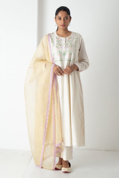 Chhaya Mehrotra Ivory Chanderi, Silk Organza Embroidery Round Neck Kurta Pant Set
