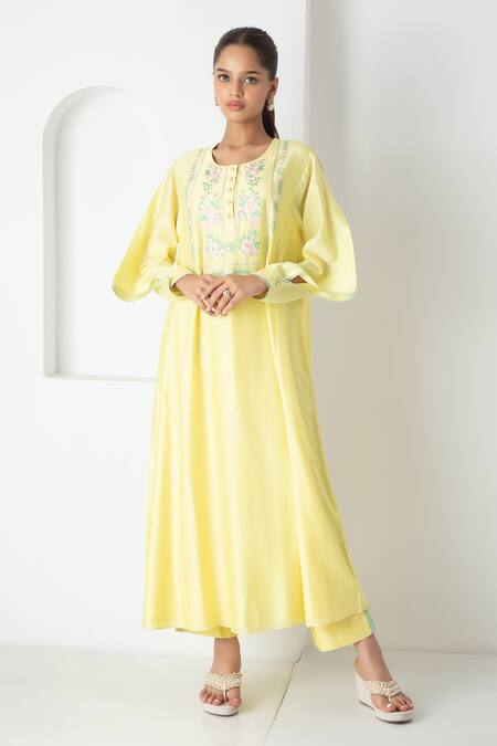 Chhaya Mehrotra Yellow Chanderi, Silk Organza Embroidery Round Neck Designer Kurta Pant Set Online at Aza Fashions Chhaya Mehrotra_Yellow Chanderi, Silk Organza Embroidery Round Neck Designer Kurta Pant Set _Online_at_Aza_Fashions