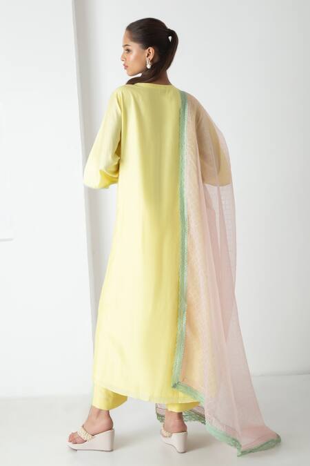 Shop Chhaya Mehrotra Yellow Chanderi, Silk Organza Embroidery Round Neck Designer Kurta Pant Set at Aza Fashions Shop_Chhaya Mehrotra_Yellow Chanderi, Silk Organza Embroidery Round Neck Designer Kurta Pant Set _at_Aza_Fashions