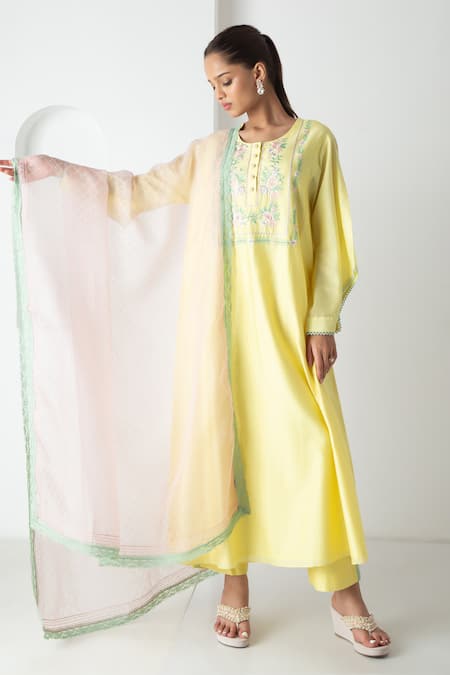 Chhaya Mehrotra Yellow Chanderi, Silk Organza Embroidery Round Neck Designer Kurta Pant Set