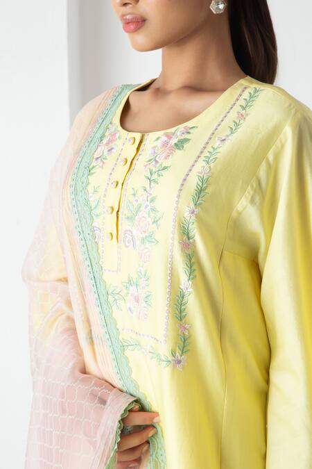 Shop Chhaya Mehrotra Yellow Chanderi, Silk Organza Embroidery Round Neck Designer Kurta Pant Set Online at Aza Fashions Shop_Chhaya Mehrotra_Yellow Chanderi, Silk Organza Embroidery Round Neck Designer Kurta Pant Set _Online_at_Aza_Fashions