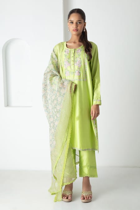 Chhaya Mehrotra Green Chanderi, Silk Organza Embroidery Round Neck Kurta Pant Set