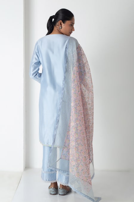 Shop Chhaya Mehrotra Blue Chanderi, Silk Organza Embroidery, Lace Round Neck Powder Kurta Pant Set at Aza Fashions Shop_Chhaya Mehrotra_Blue Chanderi, Silk Organza Embroidery, Lace Round Neck Powder Kurta Pant Set _at_Aza_Fashions