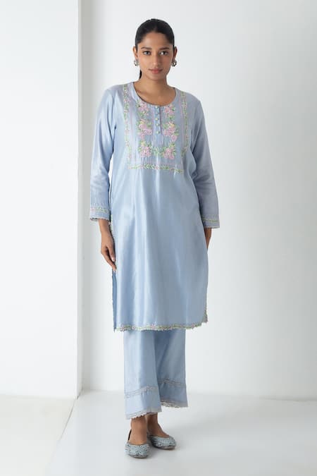 Chhaya Mehrotra Blue Chanderi, Silk Organza Embroidery, Lace Round Neck Powder Kurta Pant Set Online at Aza Fashions Chhaya Mehrotra_Blue Chanderi, Silk Organza Embroidery, Lace Round Neck Powder Kurta Pant Set _Online_at_Aza_Fashions