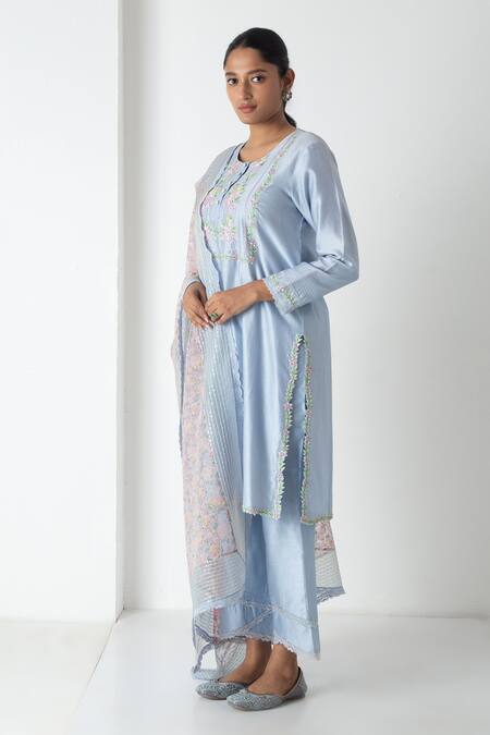 Buy Chhaya Mehrotra Blue Chanderi, Silk Organza Embroidery, Lace Round Neck Powder Kurta Pant Set Online at Aza Fashions Buy_Chhaya Mehrotra_Blue Chanderi, Silk Organza Embroidery, Lace Round Neck Powder Kurta Pant Set _Online_at_Aza_Fashions