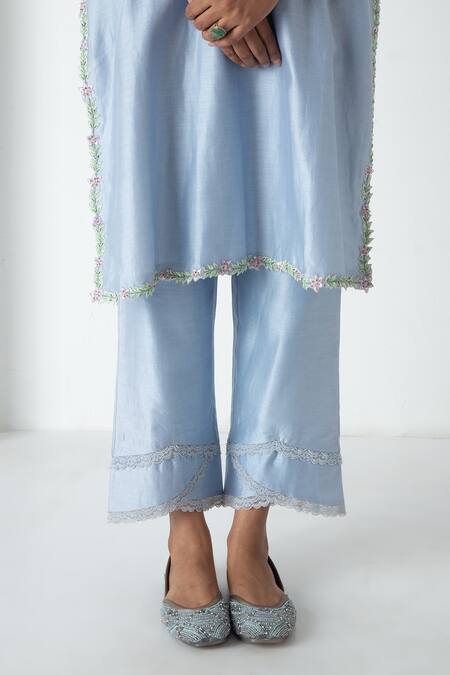 Shop Chhaya Mehrotra Blue Chanderi, Silk Organza Embroidery, Lace Round Neck Powder Kurta Pant Set Online at Aza Fashions Shop_Chhaya Mehrotra_Blue Chanderi, Silk Organza Embroidery, Lace Round Neck Powder Kurta Pant Set _Online_at_Aza_Fashions