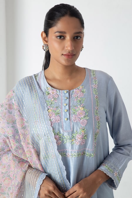Chhaya Mehrotra Blue Chanderi, Silk Organza Embroidery, Lace Round Neck Powder Kurta Pant Set at Aza Fashions Chhaya Mehrotra_Blue Chanderi, Silk Organza Embroidery, Lace Round Neck Powder Kurta Pant Set _at_Aza_Fashions
