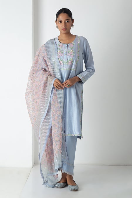 Chhaya Mehrotra Blue Chanderi, Silk Organza Embroidery, Lace Round Neck Powder Kurta Pant Set 