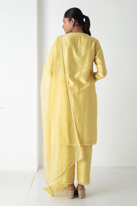 Shop Chhaya Mehrotra Yellow Chanderi, Silk Organza Embroidery V-neck Illuminating Kurta Set at Aza Fashions Shop_Chhaya Mehrotra_Yellow Chanderi, Silk Organza Embroidery V-neck Illuminating Kurta Set _at_Aza_Fashions