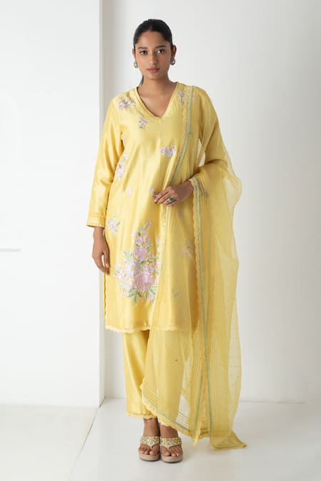 Chhaya Mehrotra Yellow Chanderi, Silk Organza Embroidery V-neck Illuminating Kurta Set