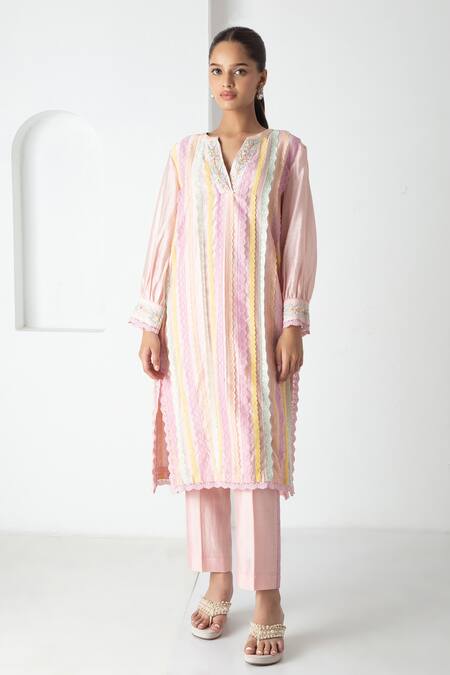 Chhaya Mehrotra Pink Chanderi, Silk Organza Embroidery Split V-neck Striped Kurta Pant Set Online at Aza Fashions Chhaya Mehrotra_Pink Chanderi, Silk Organza Embroidery Split V-neck Striped Kurta Pant Set _Online_at_Aza_Fashions