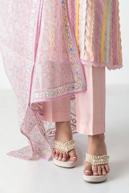 Buy Chhaya Mehrotra Pink Chanderi, Silk Organza Embroidery Split V-neck Striped Kurta Pant Set Online at Aza Fashions Buy_Chhaya Mehrotra_Pink Chanderi, Silk Organza Embroidery Split V-neck Striped Kurta Pant Set _Online_at_Aza_Fashions