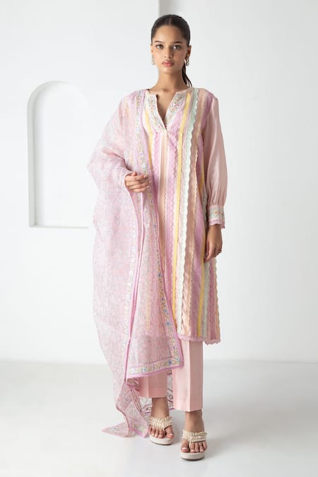 Chhaya Mehrotra Pink Chanderi, Silk Organza Embroidery Split V-neck Striped Kurta Pant Set