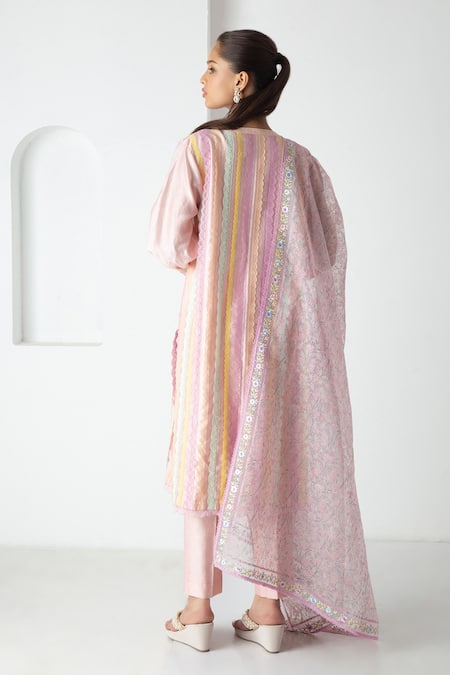 Shop Chhaya Mehrotra Pink Chanderi, Silk Organza Embroidery Split V-neck Striped Kurta Pant Set at Aza Fashions Shop_Chhaya Mehrotra_Pink Chanderi, Silk Organza Embroidery Split V-neck Striped Kurta Pant Set _at_Aza_Fashions