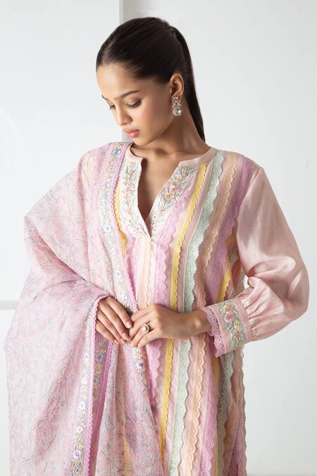 Shop Chhaya Mehrotra Pink Chanderi, Silk Organza Embroidery Split V-neck Striped Kurta Pant Set Online at Aza Fashions Shop_Chhaya Mehrotra_Pink Chanderi, Silk Organza Embroidery Split V-neck Striped Kurta Pant Set _Online_at_Aza_Fashions