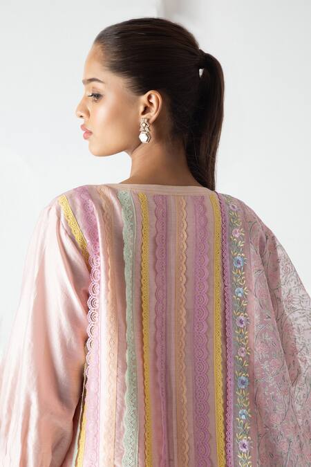 Chhaya Mehrotra Pink Chanderi, Silk Organza Embroidery Split V-neck Striped Kurta Pant Set at Aza Fashions Chhaya Mehrotra_Pink Chanderi, Silk Organza Embroidery Split V-neck Striped Kurta Pant Set _at_Aza_Fashions