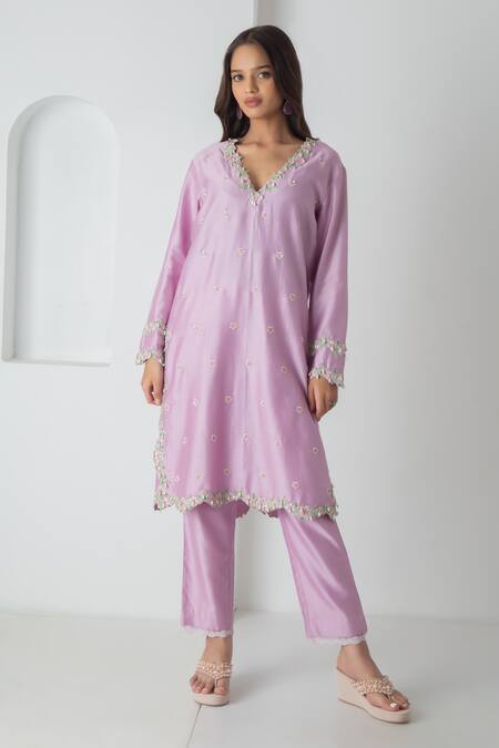 Buy Chhaya Mehrotra Lavender Chanderi, Silk Organza Embroidery V-neck Kurta Pant Set Online at Aza Fashions Buy_Chhaya Mehrotra_Lavender Chanderi, Silk Organza Embroidery V-neck Kurta Pant Set _Online_at_Aza_Fashions