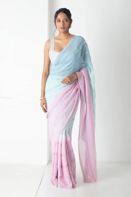 Chhaya Mehrotra Aqua Chiffon, Chanderi Round Neck Gradient Saree With Blouse