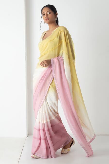 Chhaya Mehrotra Yellow Chiffon, Chanderi Lace Round Neck Designer Saree Set Online at Aza Fashions Chhaya Mehrotra_Yellow Chiffon, Chanderi Lace Round Neck Designer Saree Set _Online_at_Aza_Fashions