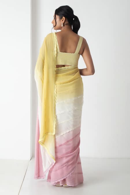 Shop Chhaya Mehrotra Yellow Chiffon, Chanderi Lace Round Neck Designer Saree Set at Aza Fashions Shop_Chhaya Mehrotra_Yellow Chiffon, Chanderi Lace Round Neck Designer Saree Set _at_Aza_Fashions