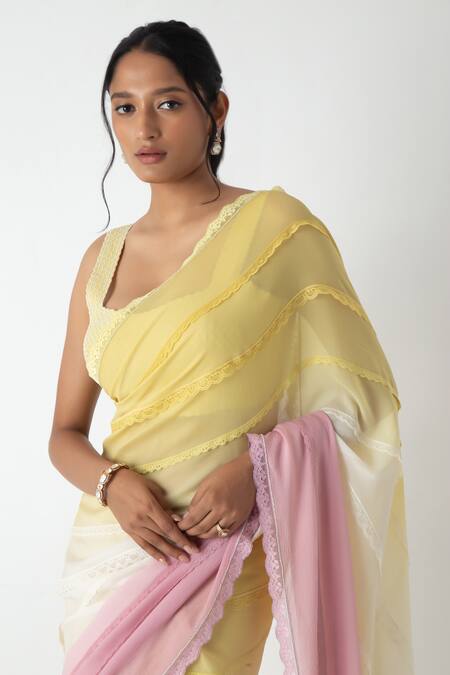 Buy Chhaya Mehrotra Yellow Chiffon, Chanderi Lace Round Neck Designer Saree Set Online at Aza Fashions Buy_Chhaya Mehrotra_Yellow Chiffon, Chanderi Lace Round Neck Designer Saree Set _Online_at_Aza_Fashions