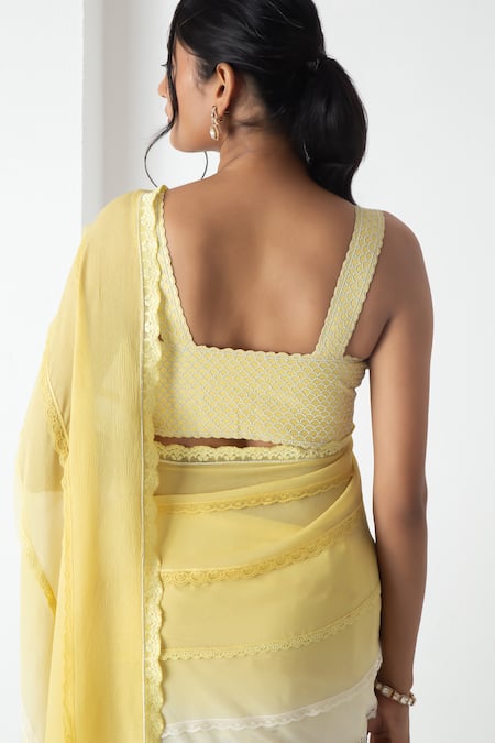 Shop Chhaya Mehrotra Yellow Chiffon, Chanderi Lace Round Neck Designer Saree Set Online at Aza Fashions Shop_Chhaya Mehrotra_Yellow Chiffon, Chanderi Lace Round Neck Designer Saree Set _Online_at_Aza_Fashions