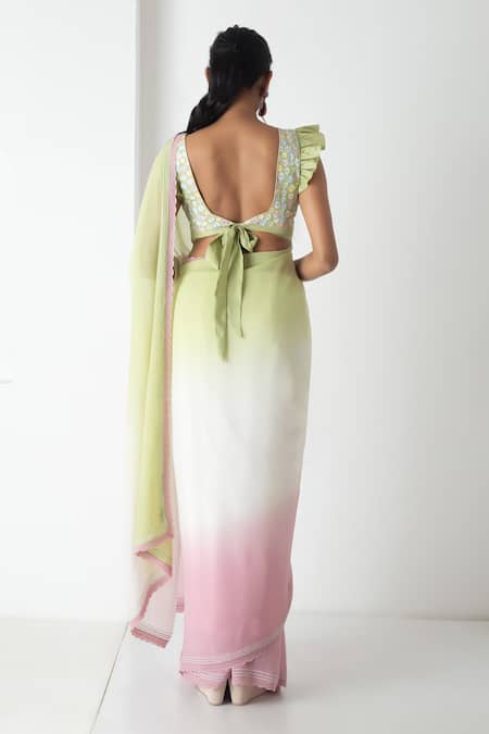 Shop Chhaya Mehrotra Ivory Chiffon, Chanderi Embroidery Round Neck Designer Saree And Blouse Set at Aza Fashions Shop_Chhaya Mehrotra_Ivory Chiffon, Chanderi Embroidery Round Neck Designer Saree And Blouse Set _at_Aza_Fashions