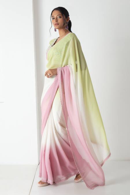 Chhaya Mehrotra Ivory Chiffon, Chanderi Embroidery Round Neck Designer Saree And Blouse Set Online at Aza Fashions Chhaya Mehrotra_Ivory Chiffon, Chanderi Embroidery Round Neck Designer Saree And Blouse Set _Online_at_Aza_Fashions