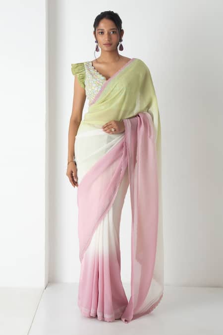 Chhaya Mehrotra Ivory Chiffon, Chanderi Embroidery Round Neck Designer Saree And Blouse Set