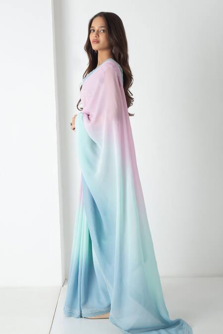 Chhaya Mehrotra_Aqua Chiffon, Chanderi Embroidery Scoop Neck Powder Blue-aqua Ombre Saree Set _Online_at_Aza_Fashions
