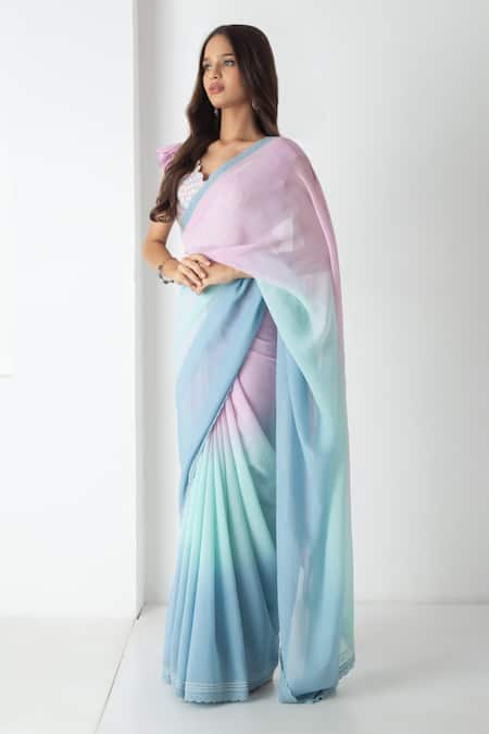 Chhaya Mehrotra Aqua Chiffon, Chanderi Embroidery Scoop Neck Powder Blue-aqua Ombre Saree Set 