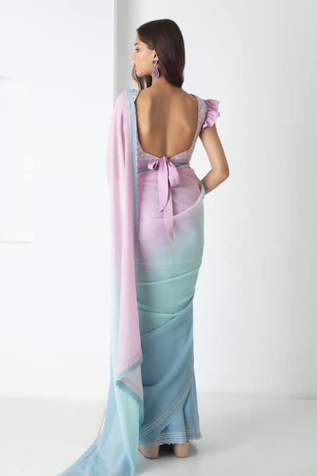 Chhaya Mehrotra Powder Blue-Aqua Ombre Saree Set 